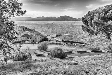 Scenic view of Saint-Tropez from Castle Hill, Cote d'Azur, France. The town is a worldwide famous resort for the European and American jet set and touristsの写真素材
