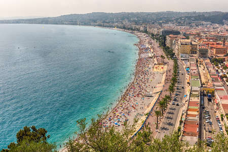 Scenic aerial view of the waterfront and the Promenade des Anglais from the Castle Hill in Nice, Cote d'Azur, Franceの写真素材
