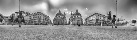 Panoramic view of the twin churches in Piazza del Popolo, iconic square and major landmark in Rome,...