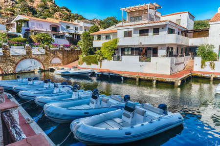 View of the harbor with luxury yachts of Poltu Quatu, Sardinia, Italyの写真素材