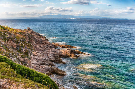 View over the scenic granite rocks adorning one of the most beautiful seaside spot in Santa Teresa Gallura, northern Sardinia, Italyの写真素材