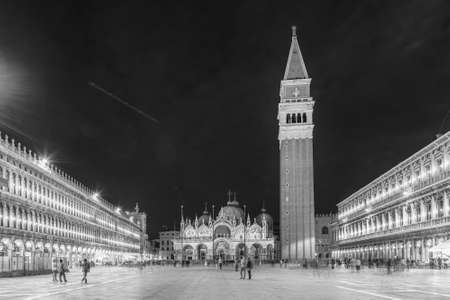 Scenic view at night of the iconic Piazza San Marco (St. Mark's Square), social, religious and political center of Venice, Italyの写真素材