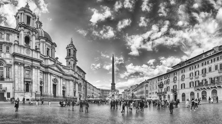 ROME - NOVEMBER 18: Panoramic view with the Fountain of the Four Rivers in Piazza Navona, Rome, Italy, November 18, 2018. The Piazza is featured in Dan Brown's 2000 thriller movie Angels and Demonsのeditorial素材