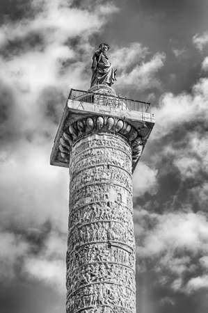 The Column of Marcus Aurelius, ancient victory column and landmark in Piazza Colonna, Rome, Italyの写真素材