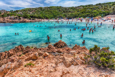 SARDINIA, ITALY - AUGUST 3: View of the iconic Spiaggia del Principe, one of the most beautiful beaches in Costa Smeralda, Sardinia, Italy, as seen on August 3, 2020のeditorial素材