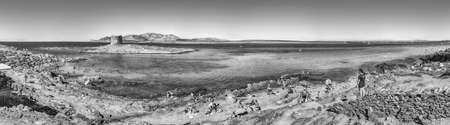 STINTINO, ITALY - AUGUST 6: Panoramic view of La Pelosa beach, one of the most beautiful seaside places of the Mediterranean, located in the town of Stintino, northern Sardinia, Italy, August 6, 2020のeditorial素材