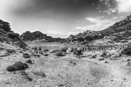 SPARGI, ITALY - AUGUST 8: View over the picturesque Cala Corsara beach in the island of Spargi, one of the highlights of the Maddalena Archipelago, Sardinia, Italy, August 8, 2020のeditorial素材