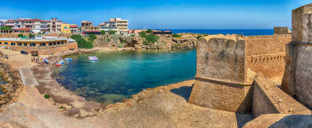 Panoramic view of the scenic Aragonese Castle, aka Le Castella, on the Ionian Sea in the town of Isola di Capo Rizzuto, Italyのeditorial素材