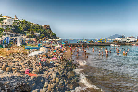 PANAREA, ITALY - AUGUST 10, 2021: View over the beach of Panarea, known internationally for its celebrity visitors though being the smallest of the seven inhabited Aeolian Islands, Italyのeditorial素材