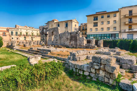 Ruins of the Temple of Apollo, iconic landmark on the Ortygia Island, historical center of Syracuse, Sicily, Italyのeditorial素材