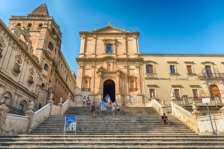 NOTO, ITALY - AUGUST 12, 2021: Church of Saint Francis of Assisi, iconic building in the historical center of Noto, picturesque town in Sicily, Italyのeditorial素材