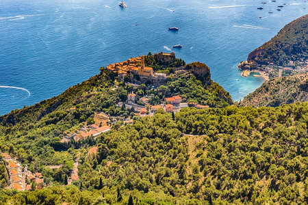 Scenic view over the coastline of the French Riviera near the town of Eze, iconic village near the...
