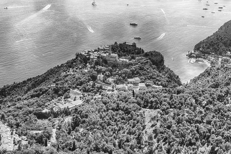 Scenic view over the coastline of the French Riviera near the town of Eze, iconic village near the city of Nice, Cote d'Azur, Franceの写真素材