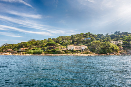 View of the coastline near Saint-Tropez, Cote d'Azur, France. The town is a worldwide famous resort for the European and American jet set and touristsの写真素材