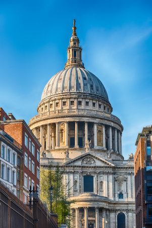Dome of St Paul's Cathedral, iconic anglican church and seat of the Bishop of London, England, UKの写真素材
