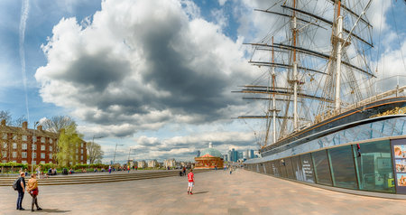 LONDON - APRIL 14, 2022: View of the custom-built dry dock around Cutty Sark, historical British...