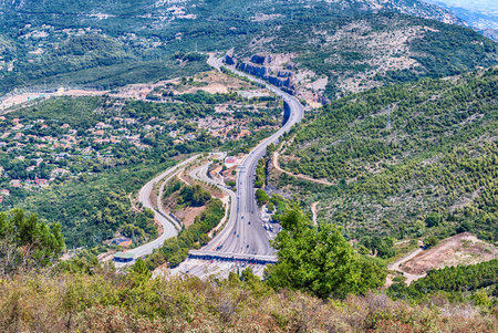 View over the highway near the town of Eze, iconic village near the city of Nice, Cote d'Azur, Franceの写真素材