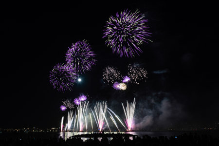 Scenic fireworks glowing in the night for the 14th of July celebrations in the harbor of Cannes,...