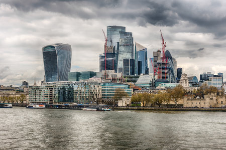 Scenic view over the river Thames and the city skyline, London, England, UKの写真素材