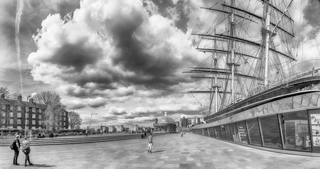 LONDON - APRIL 14, 2022: View of the custom-built dry dock around Cutty Sark, historical British clipper ship in Greenwich, London, England, UKのeditorial素材