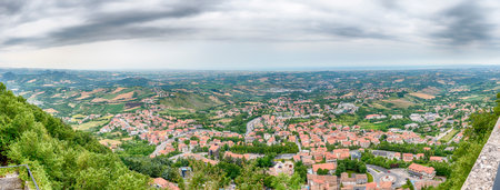 Panoramic view from Monte Titano in the City of San Marino, small Republic enclaved in the Italian territoryの写真素材