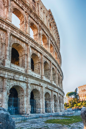 View over the iconic Flavian Amphitheater, aka Colosseum in Rome, Italyの写真素材