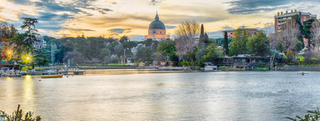 Scenic view over the artificial lake in the EUR district, Rome, Italyの写真素材