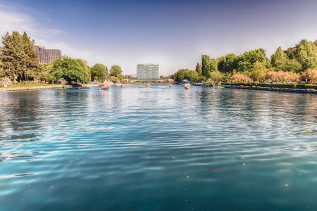 Scenic view over the artificial lake in the EUR district, Rome, Italyの写真素材