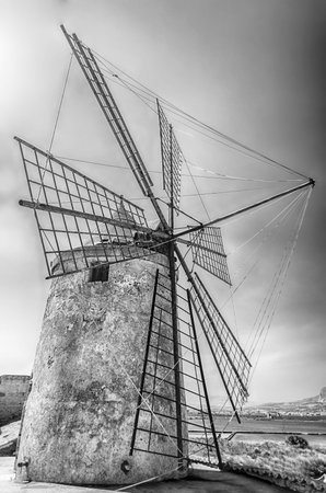 Old windmill for salt production in Motya near Trapani, Sicily, Italyの写真素材