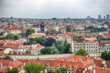 Prague cityscape showing rooftops of historical buildings in the old town of the Czech capital cityの写真素材