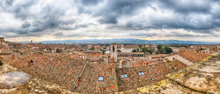 Panoramic view over the roofs of Gubbio, one of the most beautiful medieval towns in central Italyの写真素材