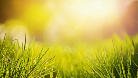 Closeup of vibrant green grass blades illuminated by sunlight. A blurred bokeh background of green and yellow highlights on a bright, sunny day. AI-generated contentの素材