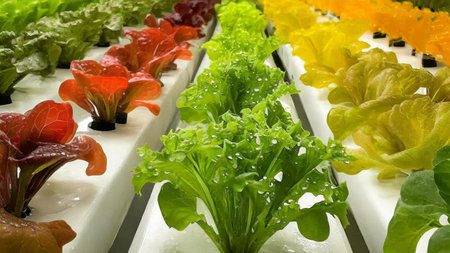 Innovative and sustainable hydroponic farming for various lettuce varieties in a controlled indoor environment using eco-friendly green technology. AI-generated contentの素材