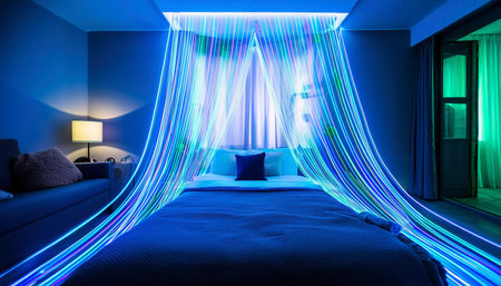 Modern children's bedroom interior at night featuring stylish furniture and blue neon led lights. AI-generated contentの素材