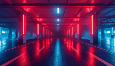 Exploring the spacious and moody futuristic neon-lit underground parking garage in a contemporary urban city with atmospheric reflections on the wet floor. AI-generated contentの素材