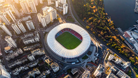 An aerial drone shot captures a large, modern stadium with a vibrant green field amidst a dense urban landscape of tall residential buildings, roads. AI-generated contentの素材