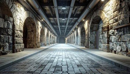 A long, symmetrical stone tunnel features a series of illuminated arches and a reflective floor. Modern lights highlight the rough-hewn stone blocks. AI-generated contentの素材