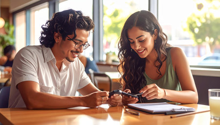 A young smiling couple uses a mobile payment device at a bright cafe table. They appear engaged in a transaction or shared activity. AI-generated contentの素材