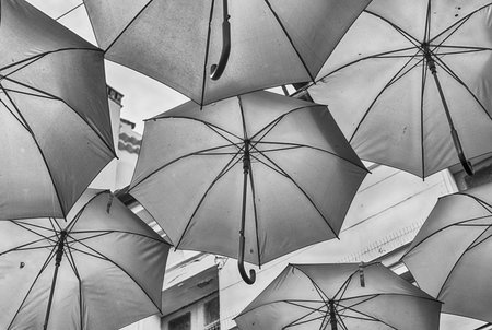 Iconic pink umbrellas decorating the city streets in the historic center of Grasse, Cote d'Azur, Franceの写真素材