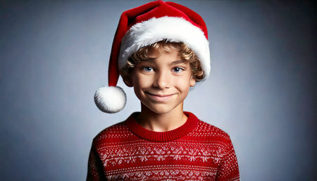 A young boy with curly blonde hair is wearing a red Santa hat with a white pompom and a red patterned sweater. He is smiling and looking directly at the camera. AI-generated contentの素材