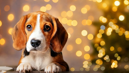 A beagle puppy with brown, white, and black fur sits in front of a blurred background of golden bokeh lights. The puppy looks directly at the viewer with a curious expression. AI-generated contentの素材