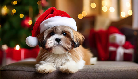 A small, furry Shih Tzu dog with a white and brown coat is wearing a red Santa hat. It is sitting on a brown couch in a living room setting with a blurred Christmas tree. AI-generated contentの素材
