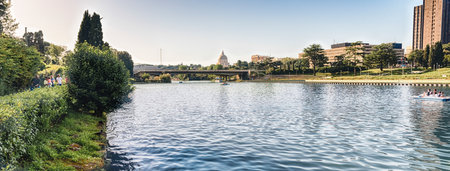Scenic view over the artificial lake in the EUR district, Rome, Italyの写真素材