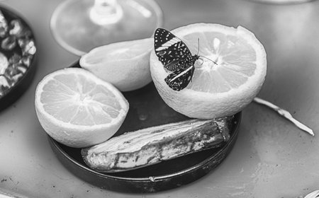 Hamadryas, aka cracker butterfly, is a tropical butterfly. Here showing while eating from an orangeの写真素材