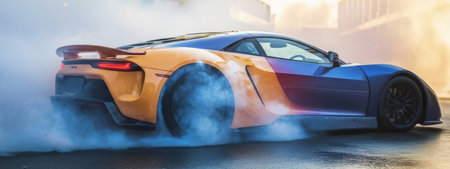 A vibrant orange and blue sportscar performs a burnout, kicking up a large cloud of blue smoke on an asphalt surface with a modern building in the background. AI-generated contentの素材