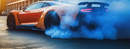 A vibrant orange and blue sportscar performs a burnout, kicking up a large cloud of blue smoke on an asphalt surface with a modern building in the background. AI-generated contentの素材