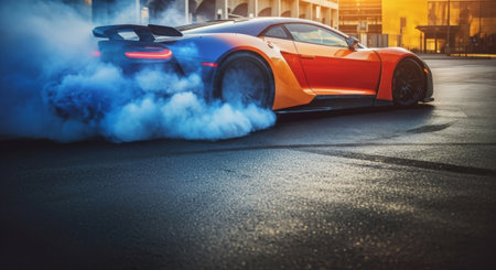 A vibrant orange and blue sportscar performs a burnout, kicking up a large cloud of blue smoke on an asphalt surface with a modern building in the background. AI-generated contentの素材
