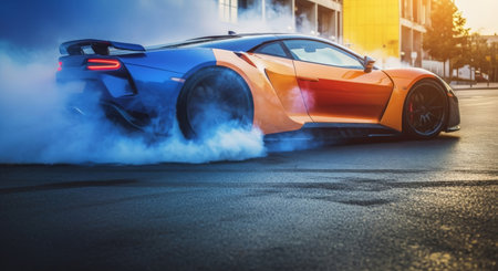 An eye-catching orange and blue sports car performs an intense burnout, creating a dramatic cloud of blue smoke on an urban street. AI-generated contentの素材