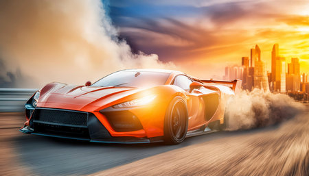 Vibrant luxury sports car drifting on a city street with dynamic smoke from burning tires. AI-generated contentの素材