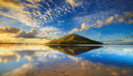 Tranquil tropical island surrounded by crystal clear blue water under a blue sky with fluffy clouds. AI-generated contentの素材